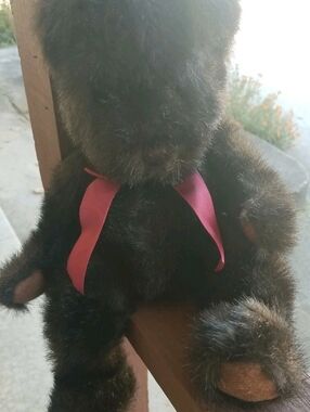 Dickens Dark Brown Teddy Bear With Red Bow Beanbag Plush Russ Berrie + Co. Black